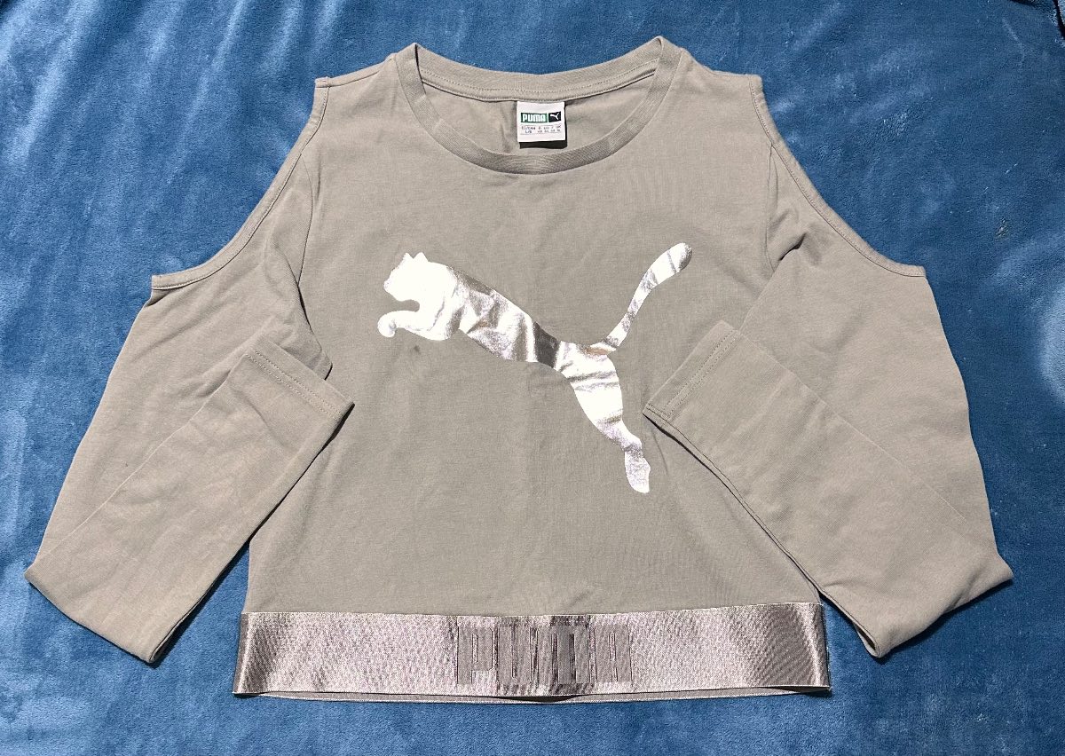 PUMA Women’s Cold Shoulder Cropped Sweatshirt Grey UK 14 | Metallic Logo | NWOT