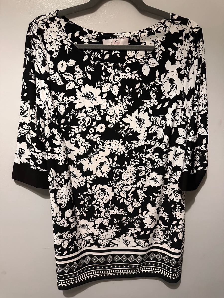 Julipa Black & White Floral Stretch Tunic Dress – UK 18 | 3/4 Sleeves | Monochrome Print
