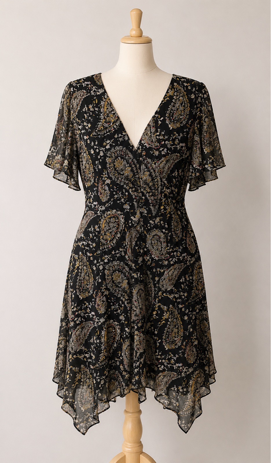 Joe Browns UK 18 Black Paisley Floral Chiffon Dress – V-Neck Floaty Hanky Hem Boho