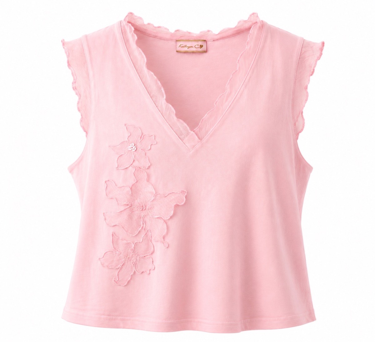 Kathryn C Pink Floral Appliqué V-Neck Top – Size 18/20 – Soft Stretch Cotton Blend – New With Tags