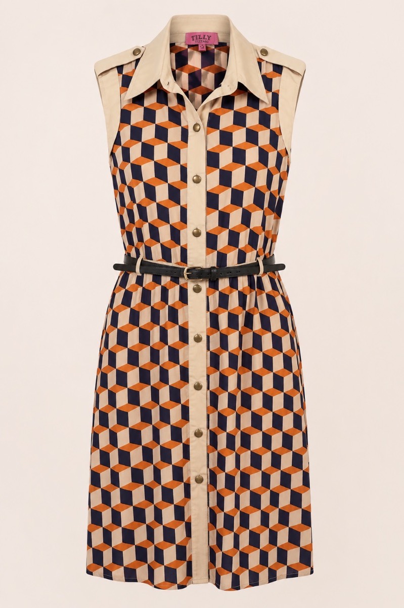 Tilly Tizzaro Geometric Print Shirt Dress UK 12 | Y2K Retro Vintage-Inspired Belted Midi Dress