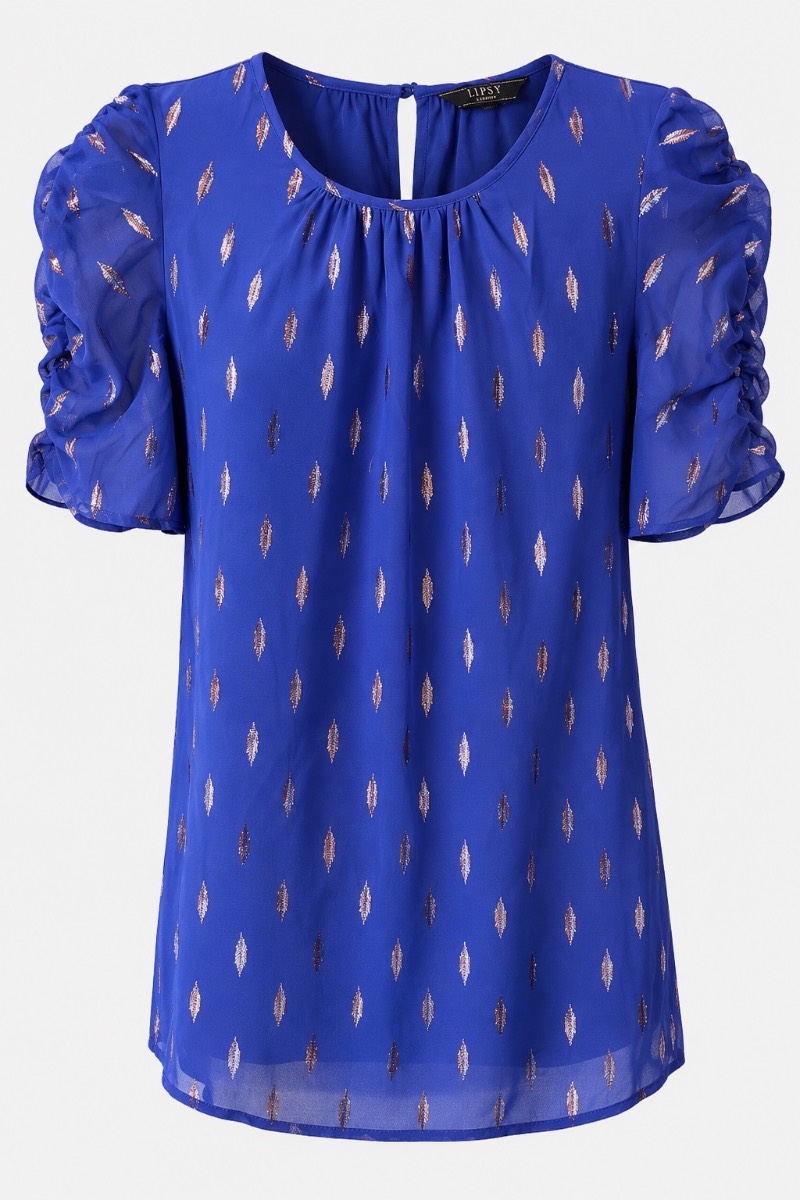 Lipsy London Royal Blue Metallic Chiffon Dress – UK 16 | Ruched Puff Sleeves | Occasion Party Dress