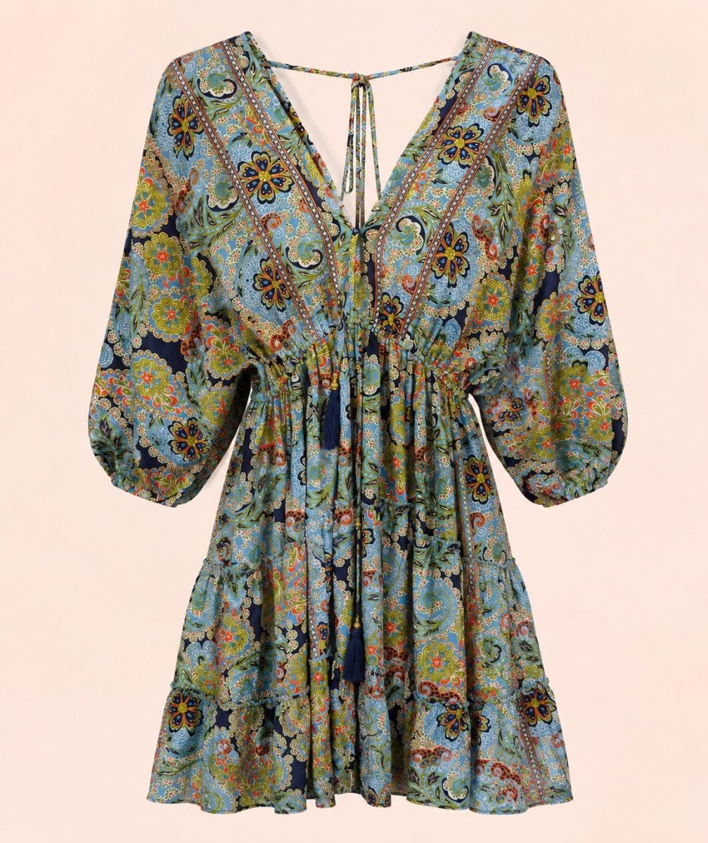 BNWT Andes Imports Silk Blend Boho Paisley Mini Dress USA 6 UK 10 Festival Holiday
