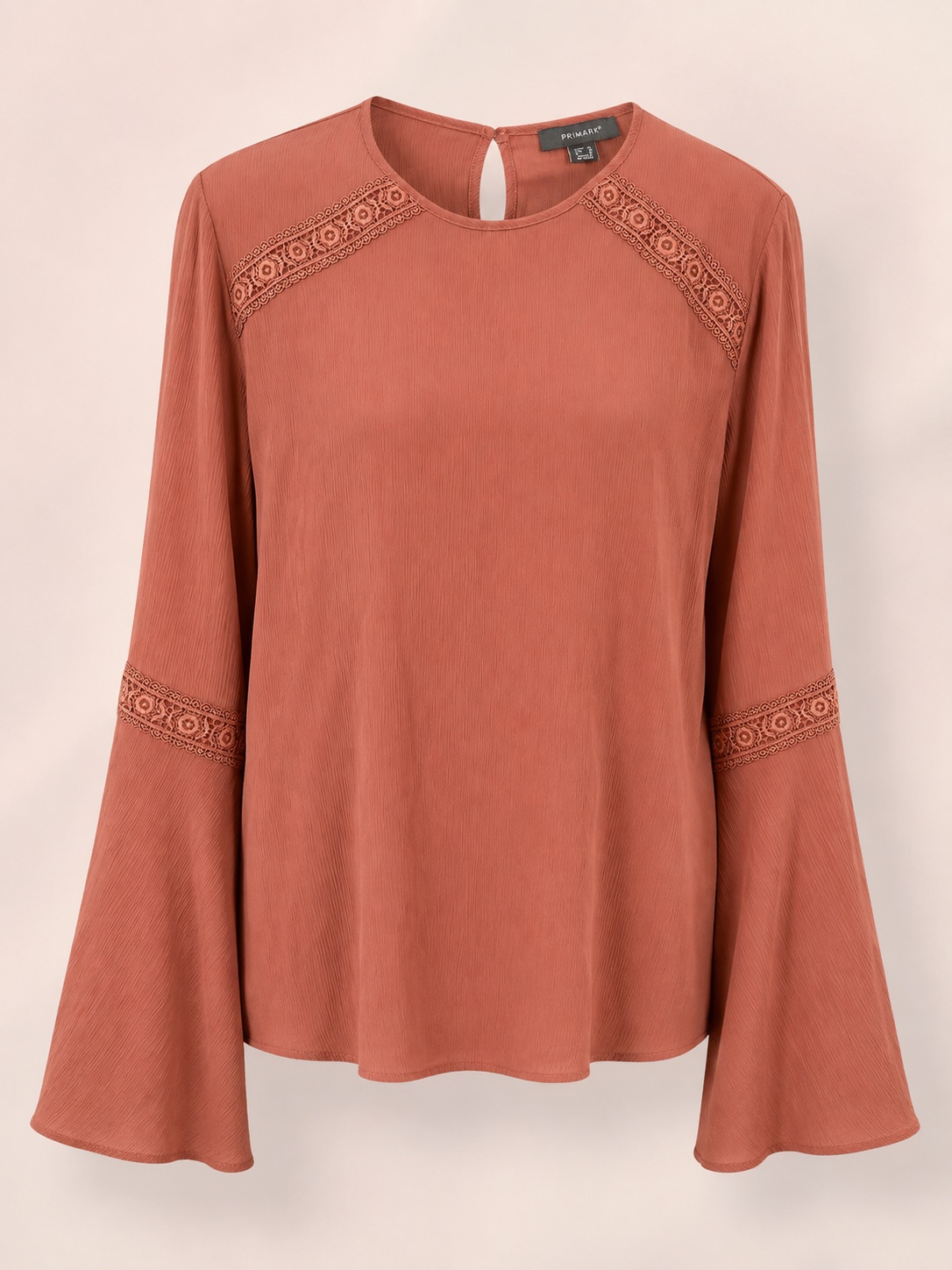 Primark UK 12 Terracotta Crochet Lace Bell Sleeve Blouse Boho Retro Style