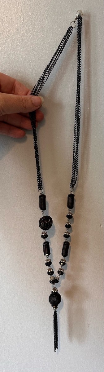 Statement Black Beaded Tassel Necklace | Long Multi-Strand Chain | Unworn | Gothic Boho Vintage Styl
