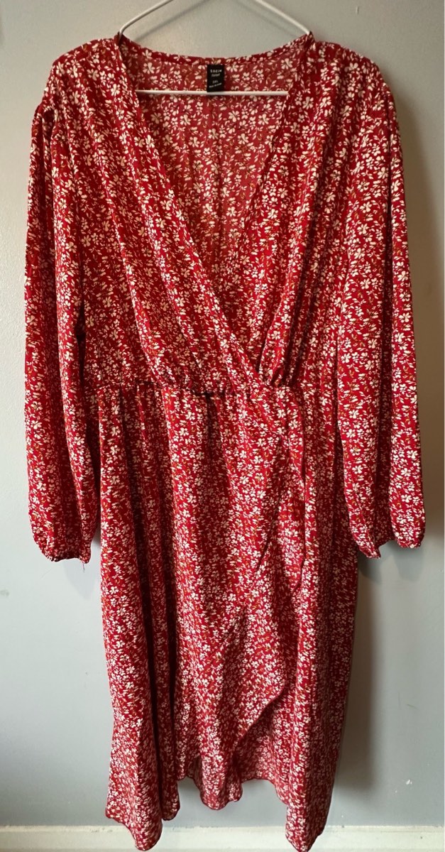 Shein Curve Red Floral Faux Wrap Midi Dress – 3XL – Long Sleeve – New Without Tags