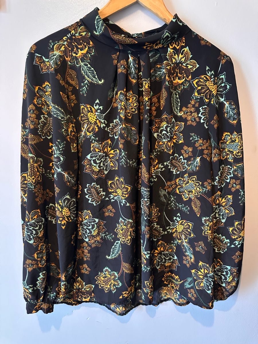Primark Floral High Neck Blouse UK 16 – Black Long Sleeve Pleated Front Top
