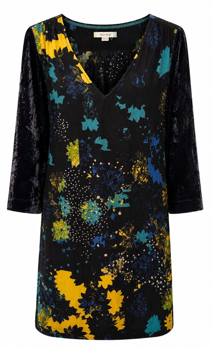 White Stuff Floral Tunic Dress – UK 8 – Velvet Sleeves – V-Neck – Soft Viscose
