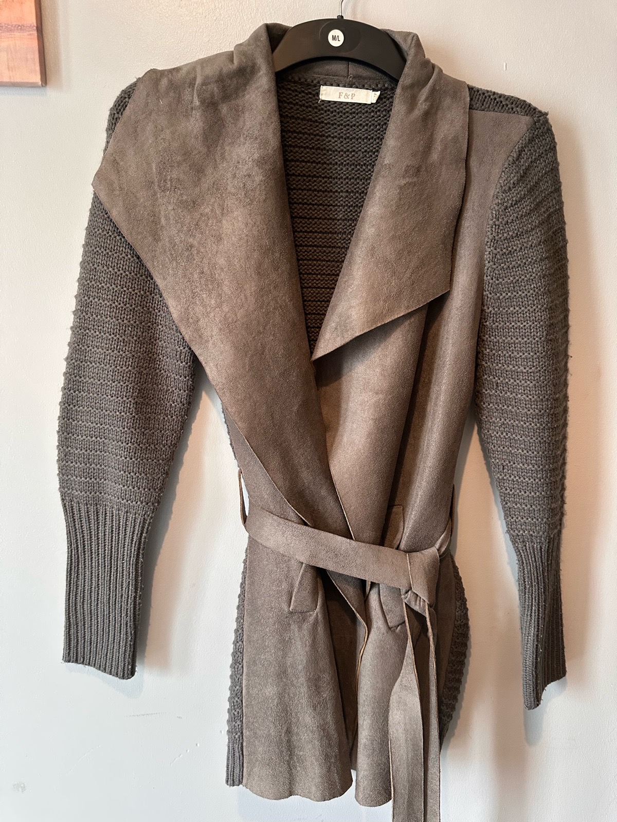 F&F Grey Knit & Faux Suede Waterfall Belted Cardigan