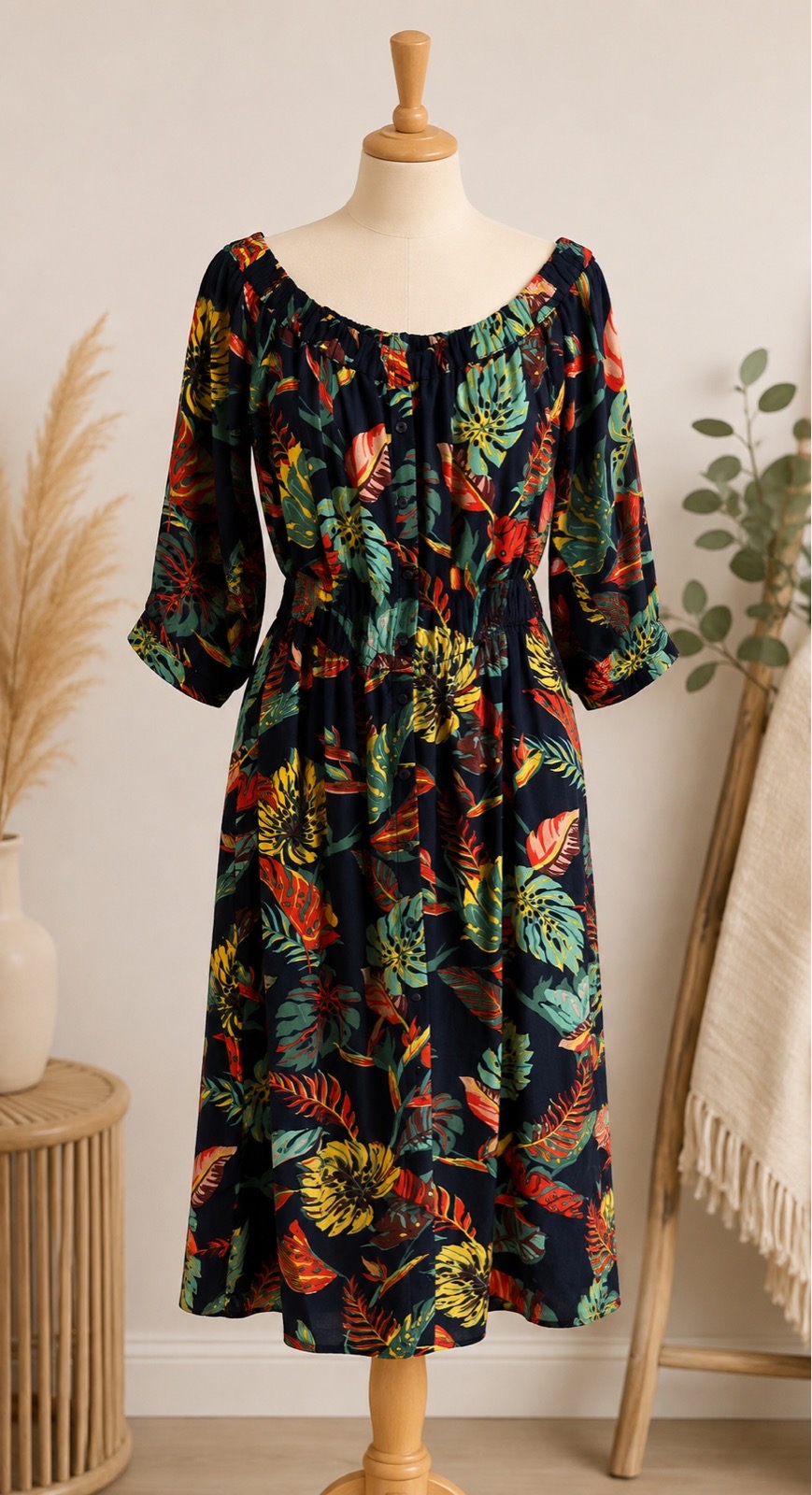 Mango MNG Tropical Floral Button Front Midi Dress – Size S