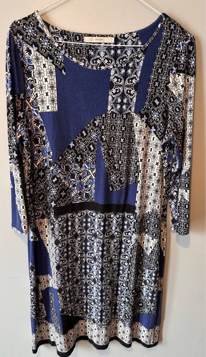 George Patchwork Print Stretch Jersey Dress – UK 14 | Blue Mosaic Long Sleeve Dress