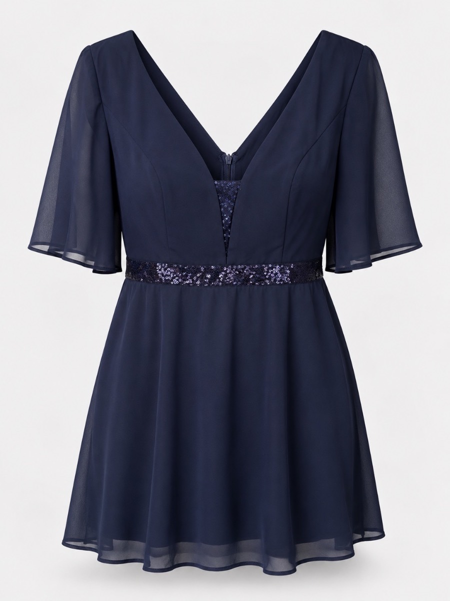 Shein Curve Navy Sequin Waist Dress UK 1XL | Flutter Sleeves | New Without Tags
