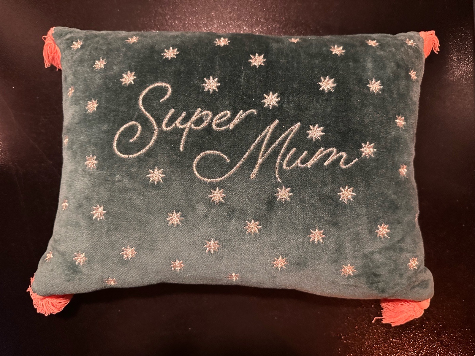 Super Mum Velvet-Feel Decorative Cushion – Teal Green, Metallic Stars & Tassels