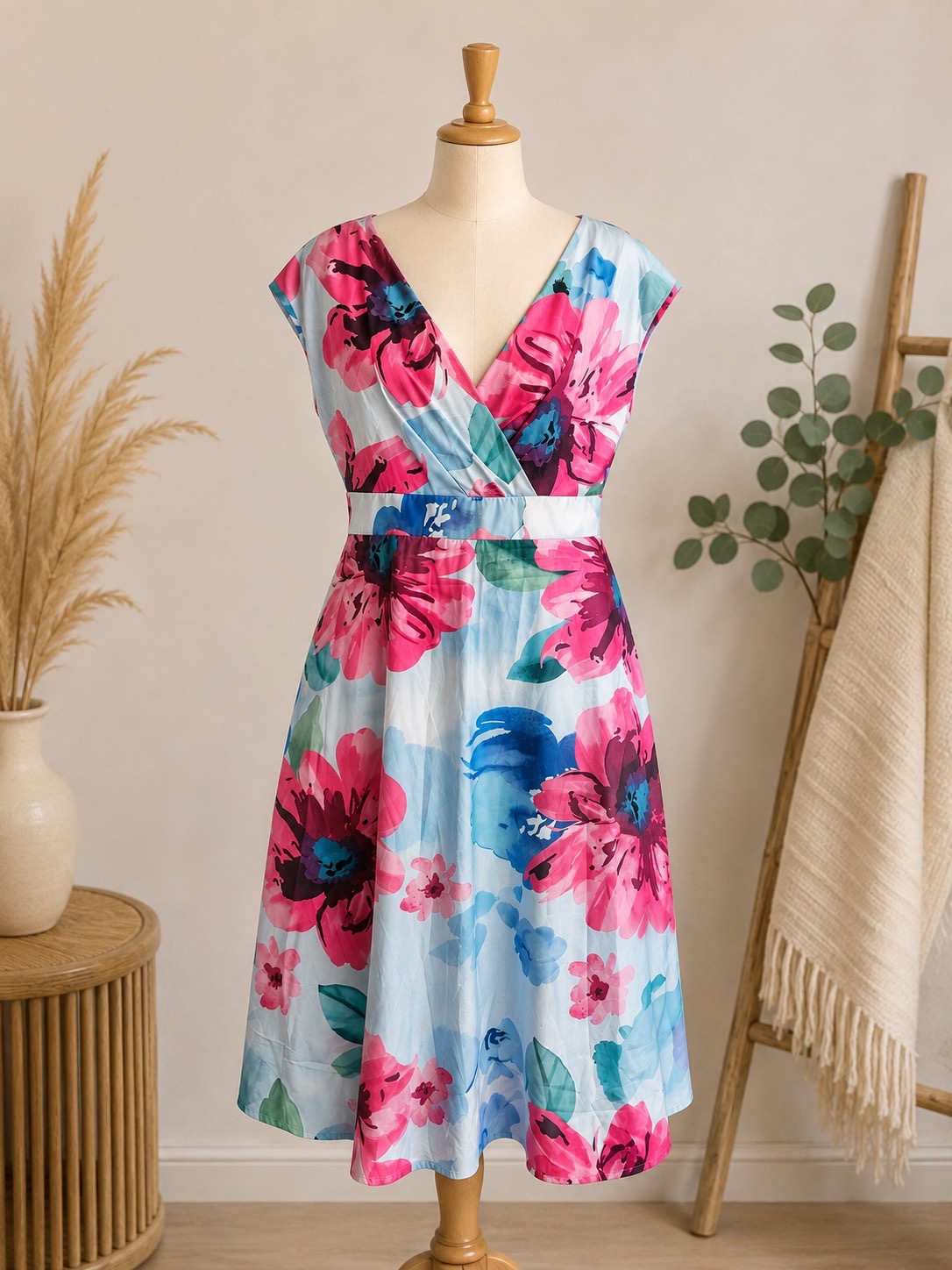 Floral Wrap-Style Midi Dress – Size L – NWOT Wedding Guest Races Holidays