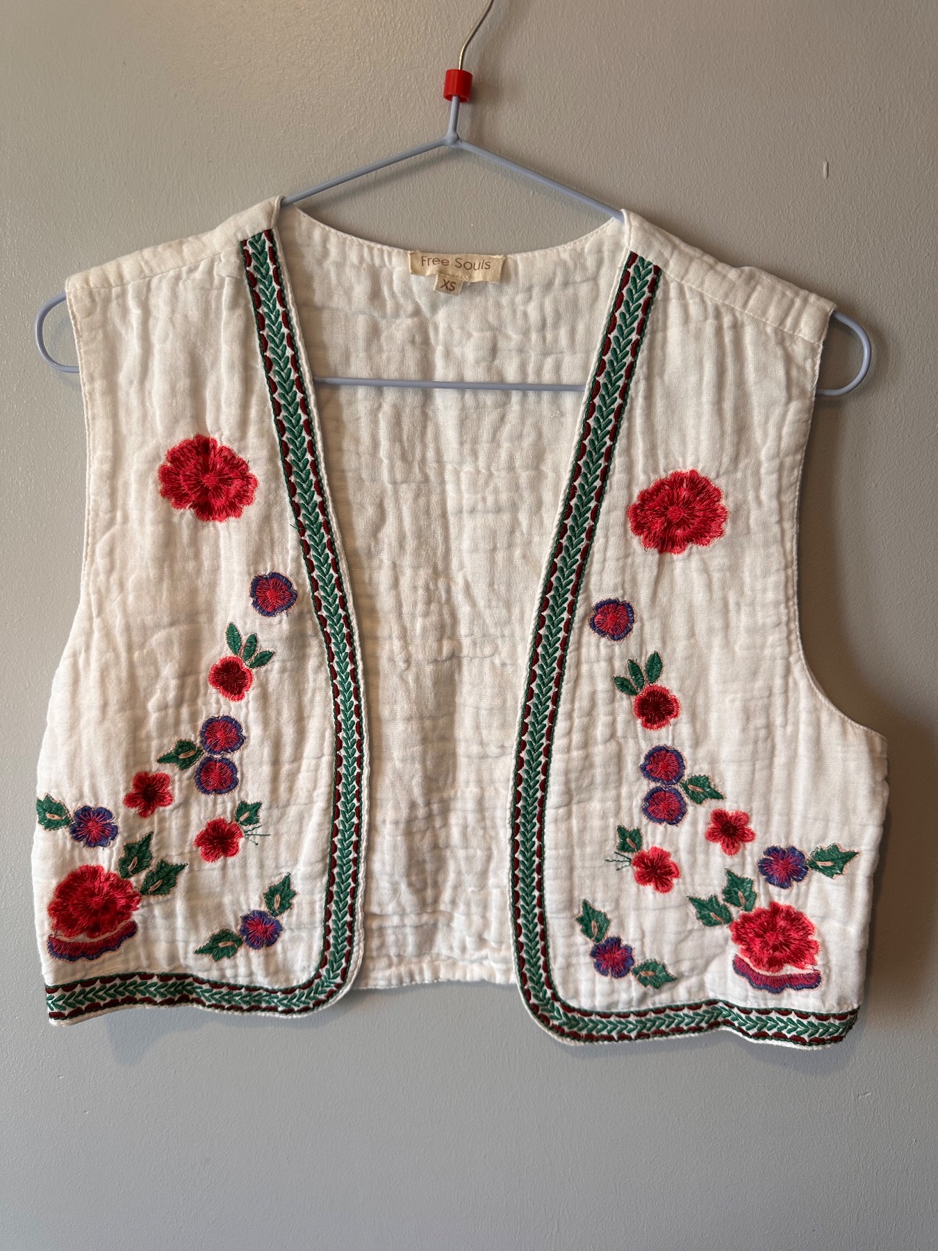 Free Souls XS White 100% Cotton Floral Embroidered Waistcoat – Boho Folk Cottagecore