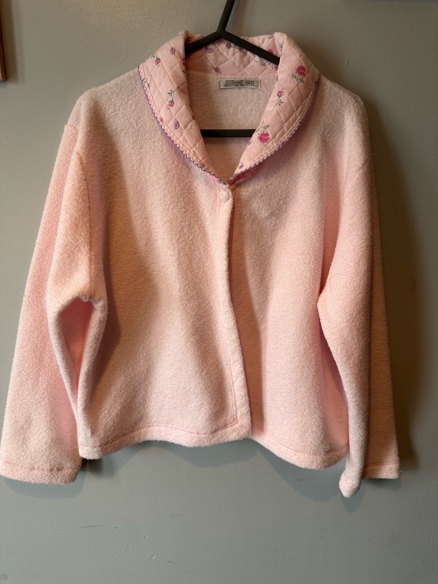 Vintage St. Bernard Pink Fleece Bed Jacket – Floral Quilted Collar | UK 14–16