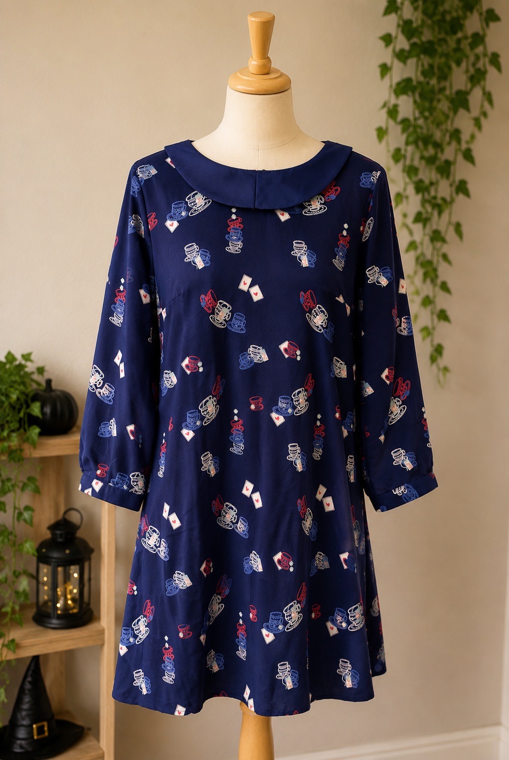 LOVE LABEL UK 14 PURPLE TEA PARTY PRINT DRESS PETER PAN COLLAR QUIRKY RETRO ALICE STYLE NWOT