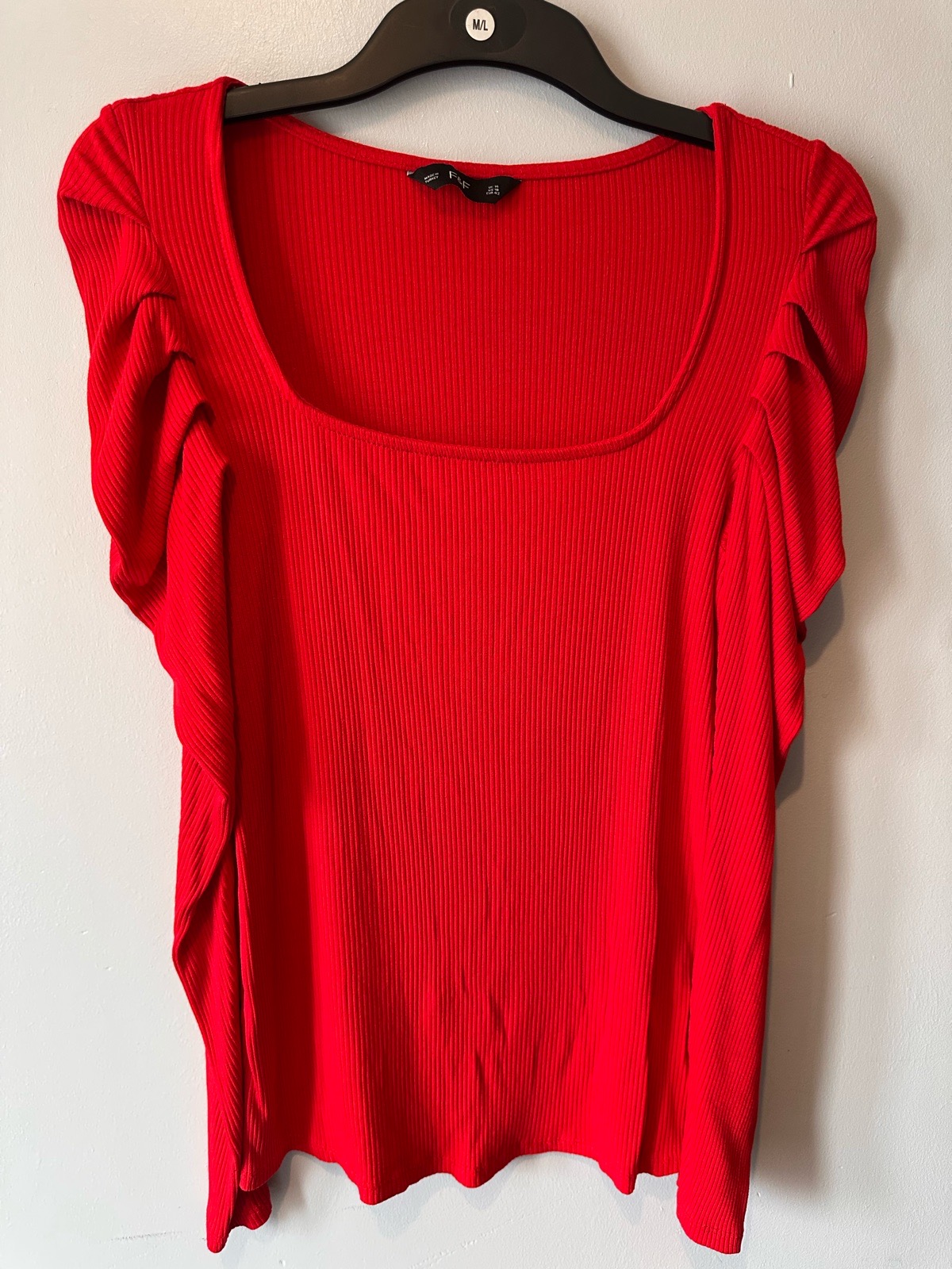 F&F UK 14 Bright Red Ribbed Top – Statement Ruffle Flutter Sleeves Square Scoop Neck Stretchy Party