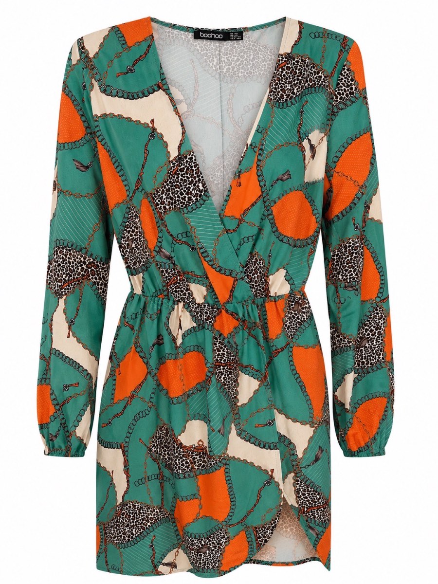 Boohoo Chain Print Faux Wrap Mini Dress – Size UK 14 – New With Tags