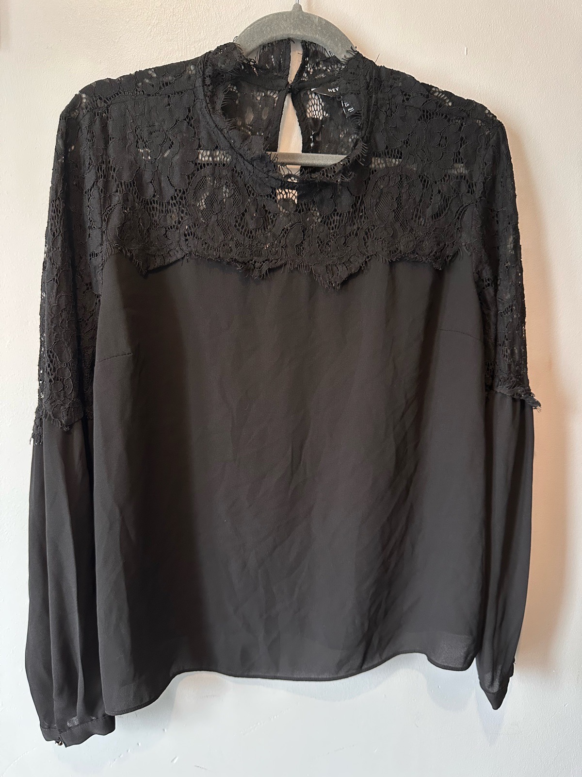New Look UK 16 Black Floral Lace High Neck Blouse – Sheer Lace Yoke Long Sleeve Gothic Victorian