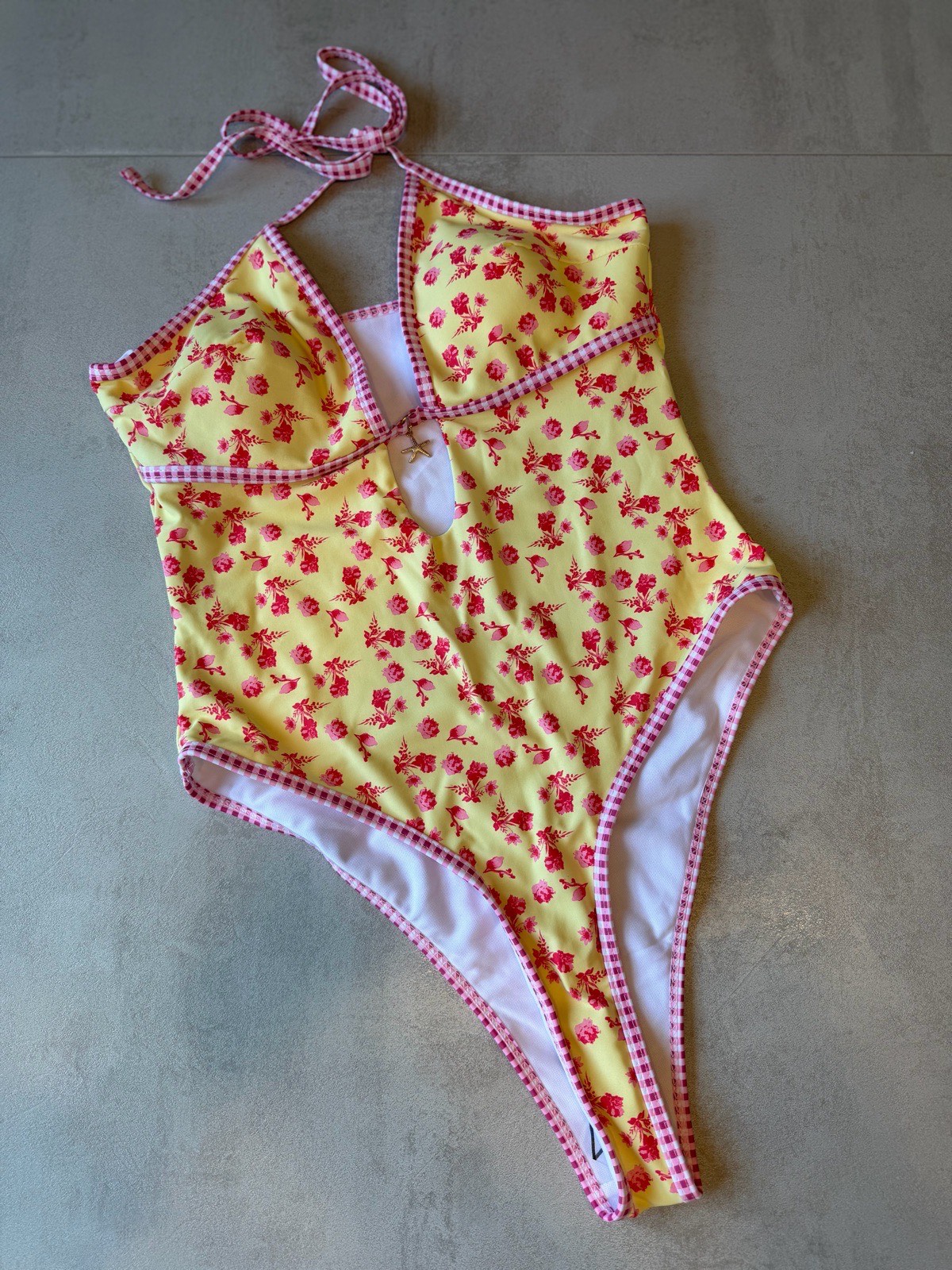 Yellow Floral Cut-Out Halterneck Swimsuit Size M – New