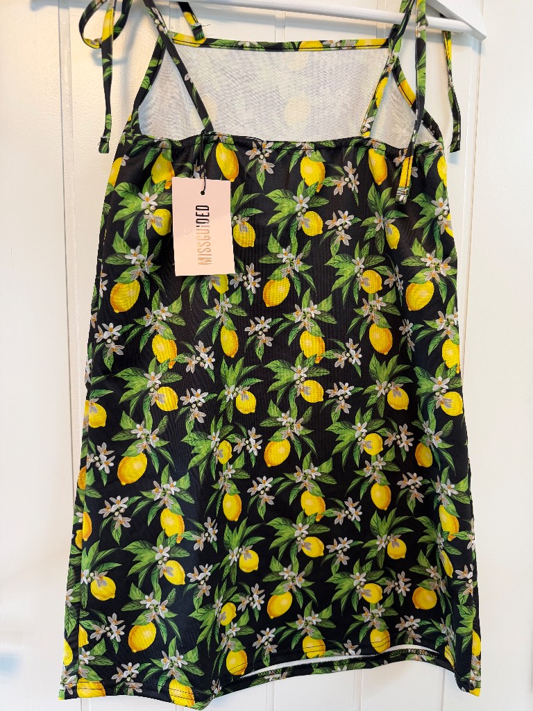 Missguided Lemon Print Tie Strap Mini Dress UK 6 NWT