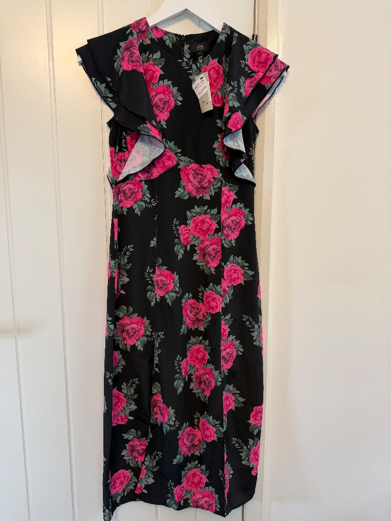 River Island Petite Black Floral Midi Dress NWT UK 6