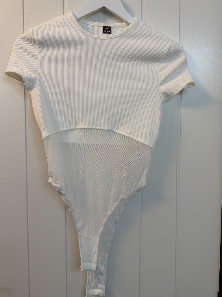 SHEIN White Ribbed Mesh Bodysuit – Size XS