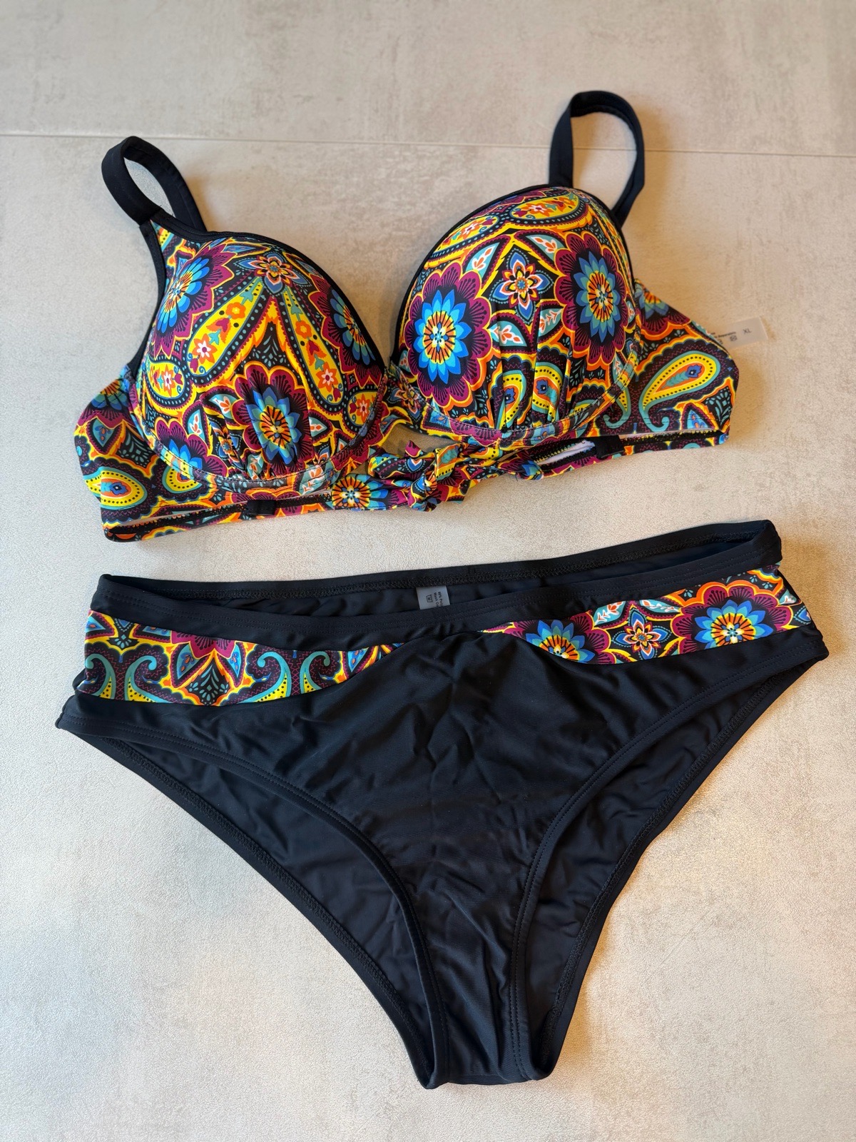 Women’s Black Floral Paisley Padded Bikini Set Size XL – New
