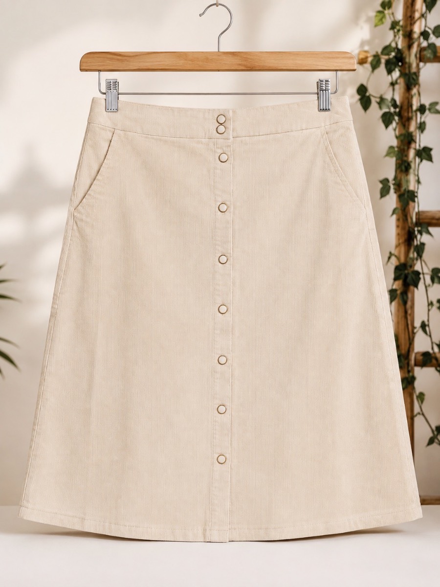 Damart Beige Corduroy Cotton Elastane Knee Length A-Line Skirt Buttons UK 20