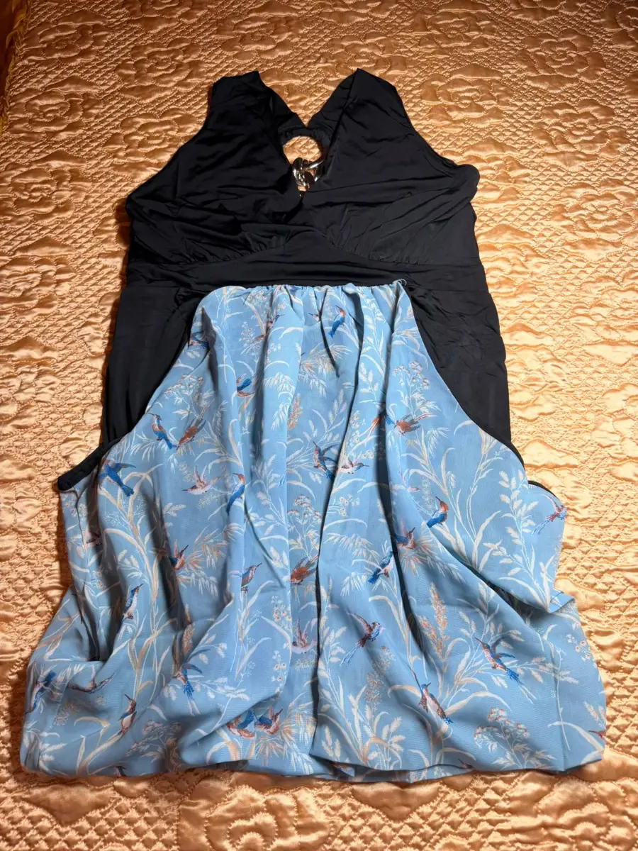 Blue Bird Print Open Back Dress Ring Detail UK 16 💙