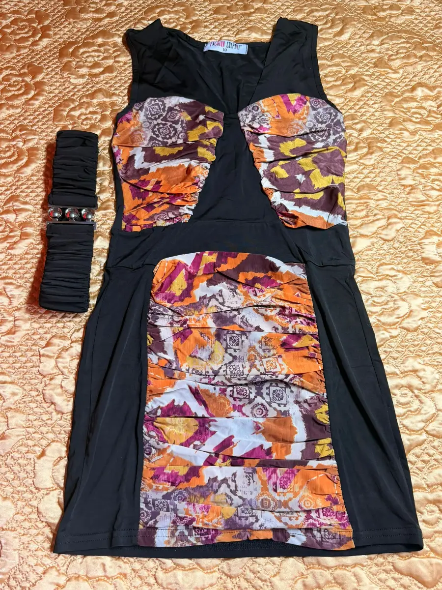 Black Bodycon Mini Dress with Belt & Multicolour Print UK 10