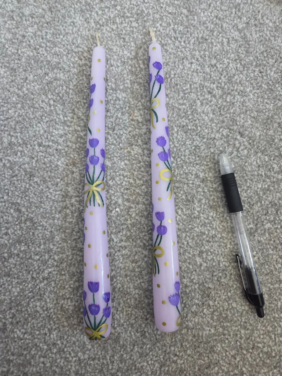 Lilac taper candles with purple flowers 💐
