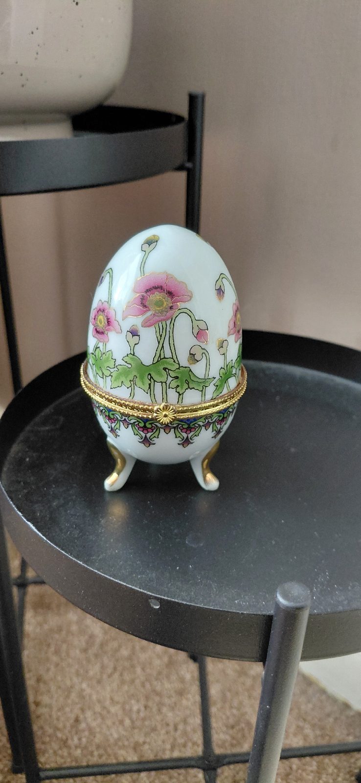 Vintage Art Nouveau style porcelain egg trinket box pink poppy