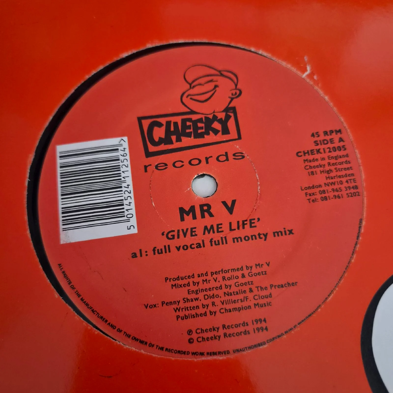 Mr V - Give Me Life 12" Vinyl Record Single 45RPM Cheeky 1994 Trance