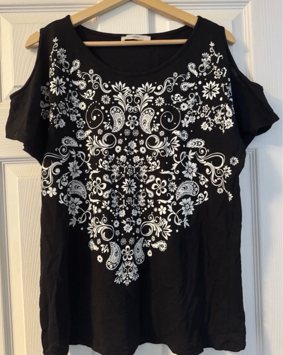 Black Floral Open-Shoulder T-Shirt