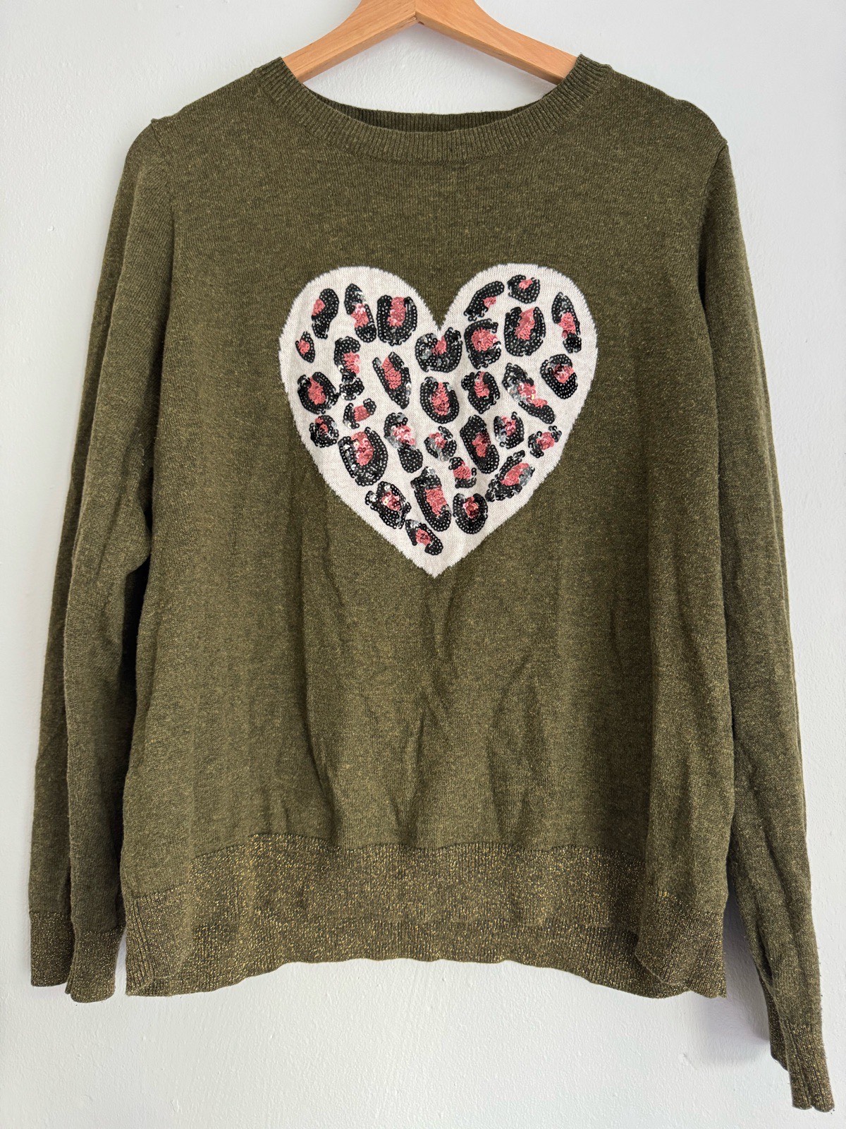 Next Green Sequinned Leopard Print Heart Jumper
