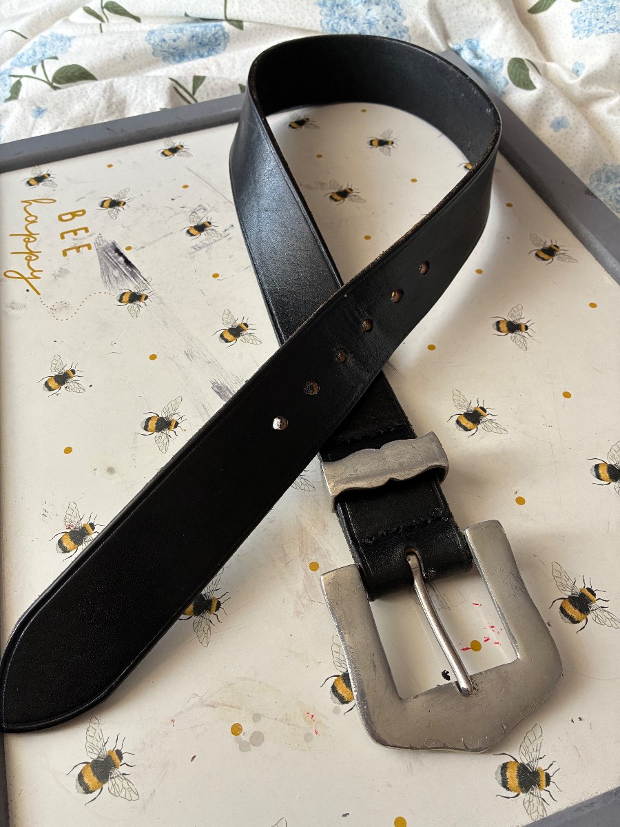 Superb vintage black leather belt with silver buckle