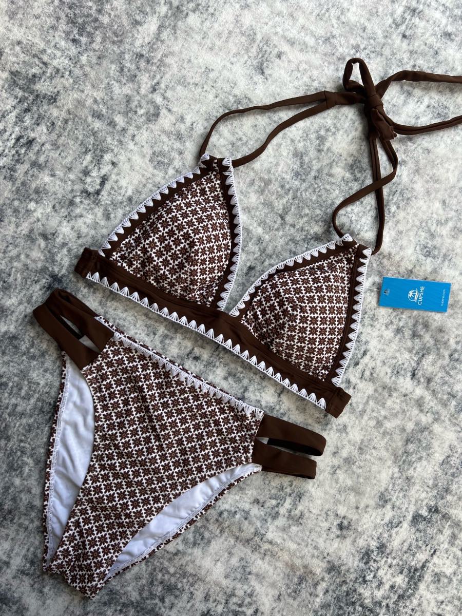 Brown white bikini set