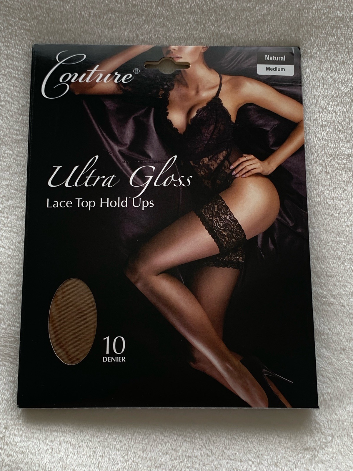 Couture Ultra Gloss Lace Top Hold Ups 10 DEN – Natural (Beige-Tan), Size M