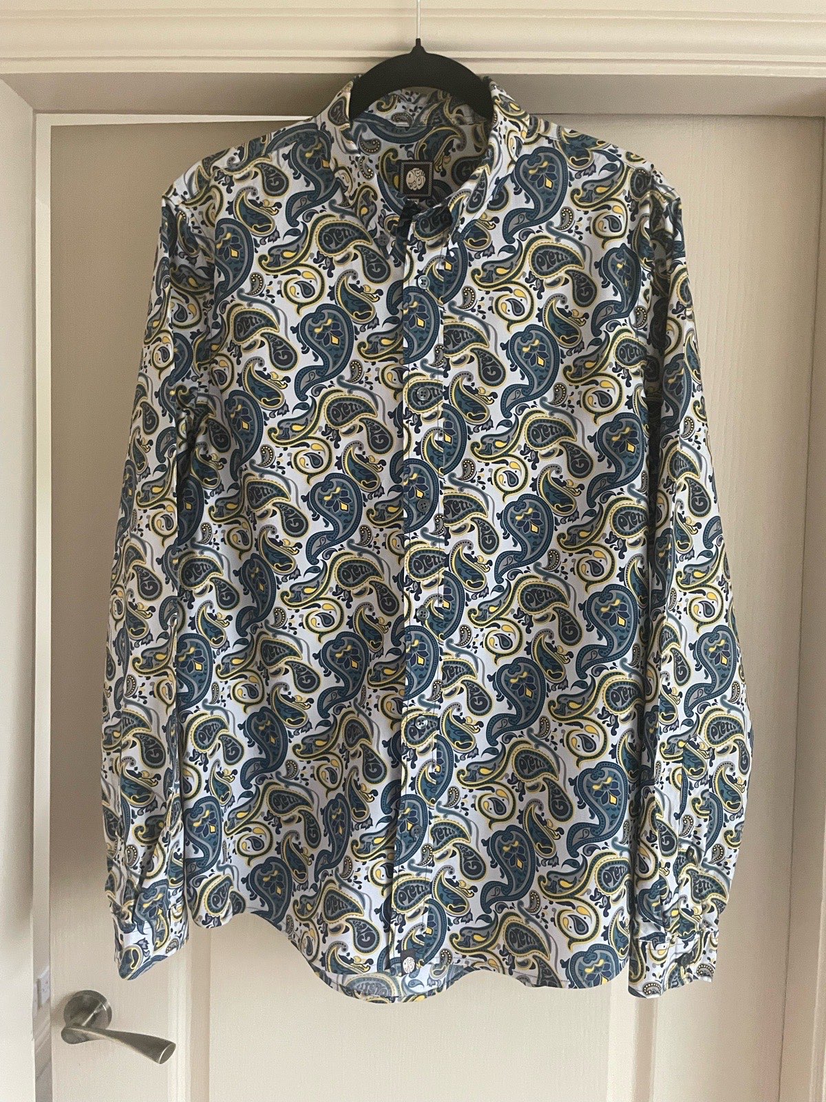 Pretty Green Shirt Mens Medium Blue Paisley Long Sleeve Slim Indie Psychedelic
