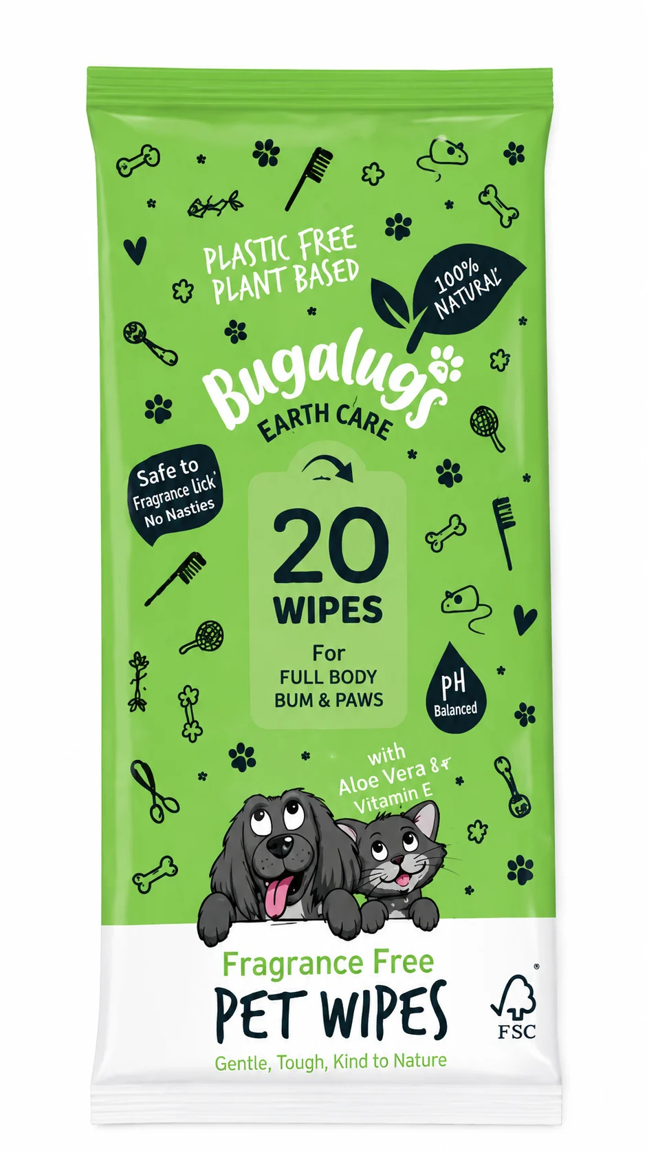 Bugalugs Earth Care Fragrance-Free Pet Wipes – 20 Pack