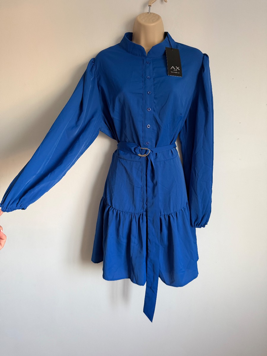 AX Paris Blue Long Sleeve Belted Smock Shirt Dress Size 16 BNWT