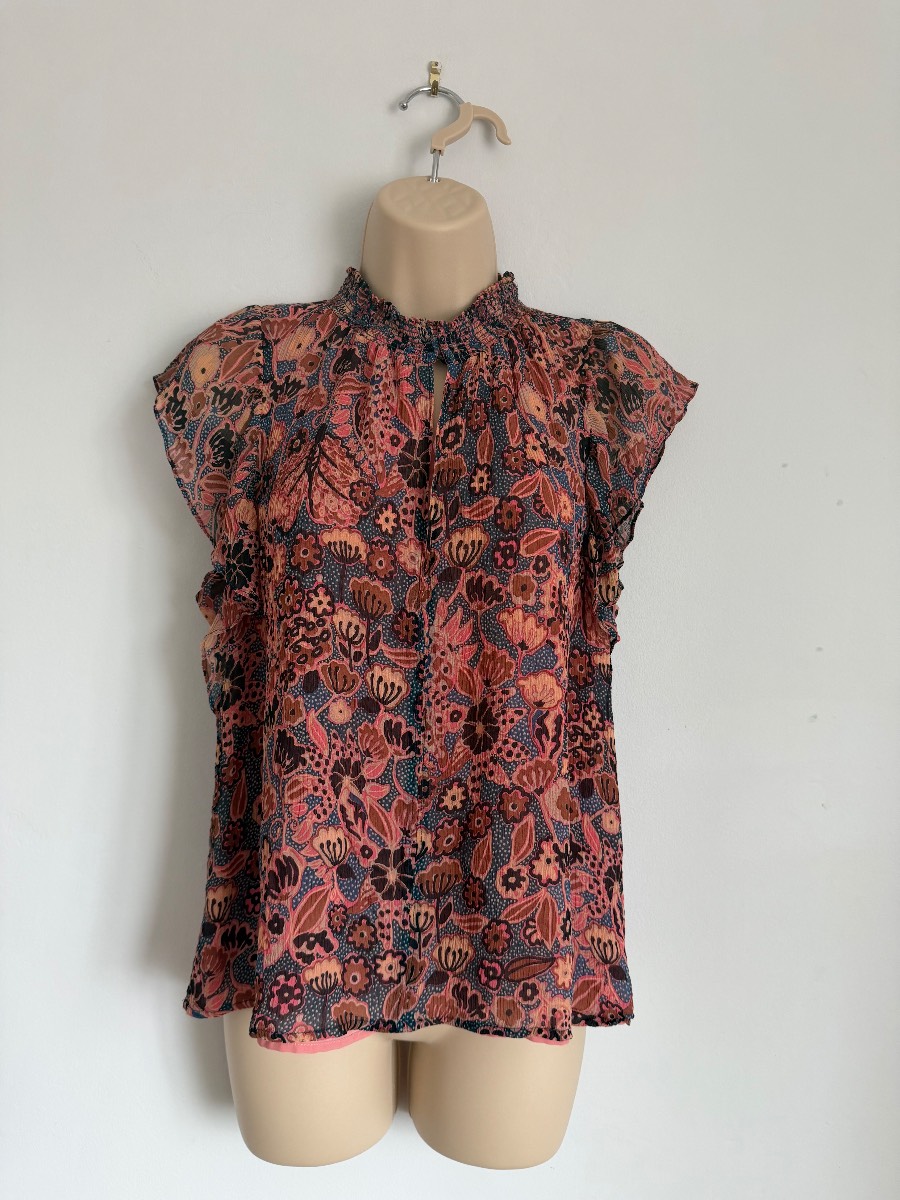 A.L.C. Hayley Top 100% Silk Floral Ruffle Blouse Pink Blue US 6 UK10