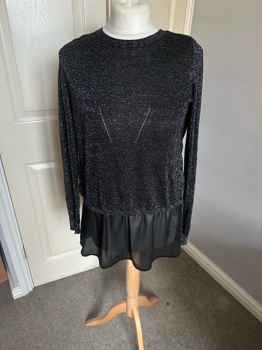 ✨ Oasis Black Sparkle Knit Party Top | Open Back | Chiffon Hem | Size S (UK 10)