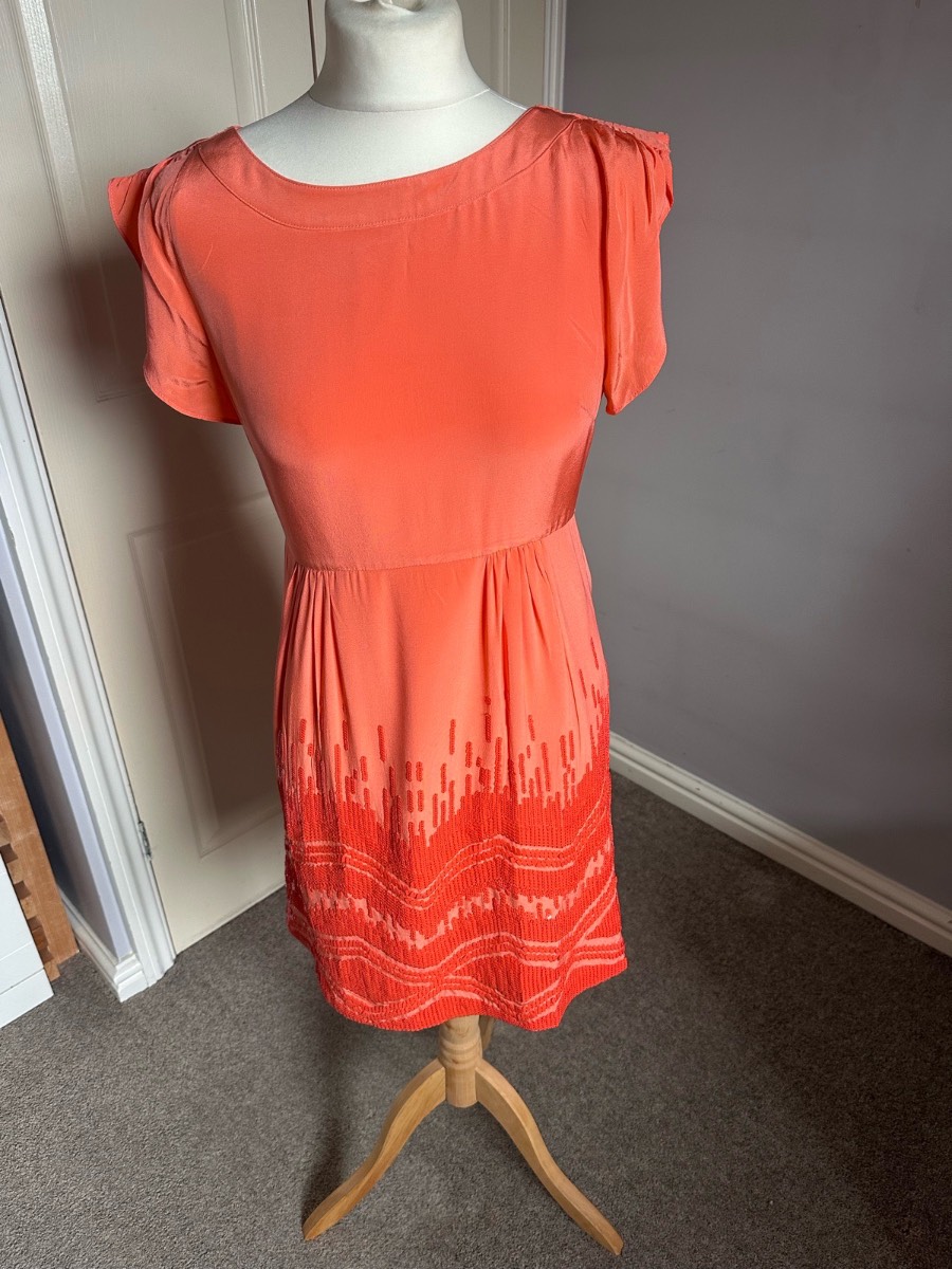 Tibi New York Coral 100% Silk Beaded Occasion Dress – US 2 (Approx. UK 8)
