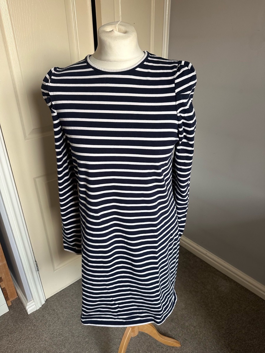 Boden Navy & White Breton Stripe Puff Sleeve Dress – UK 12 Approx