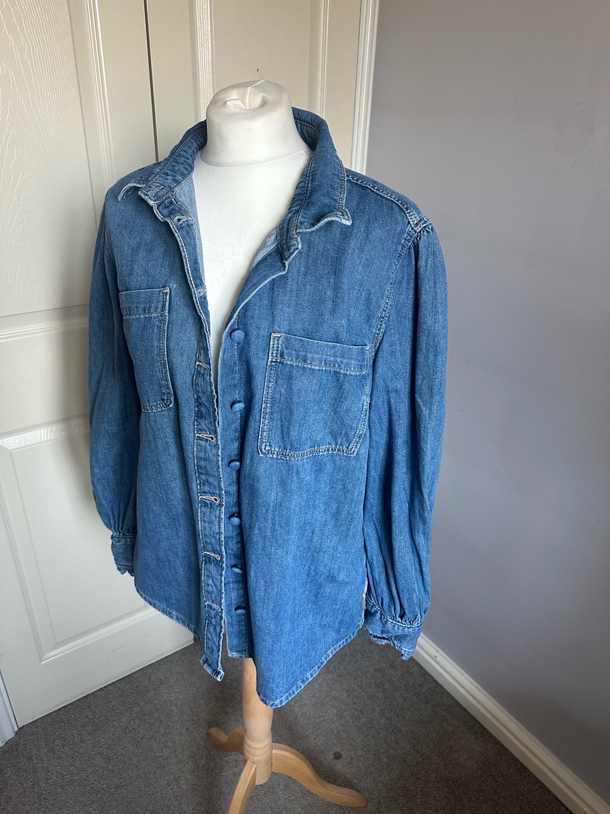 Next Medium Blue Denim Shirt / Shacket - Puff Sleeve - Size M (VGC)