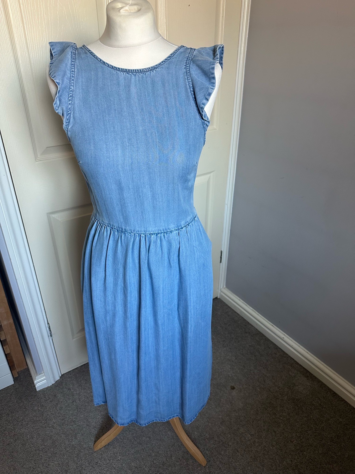 Oasis Blue Lyocell Ruffle Sleeve Midi Dress - UK 12 (Fits UK 10)