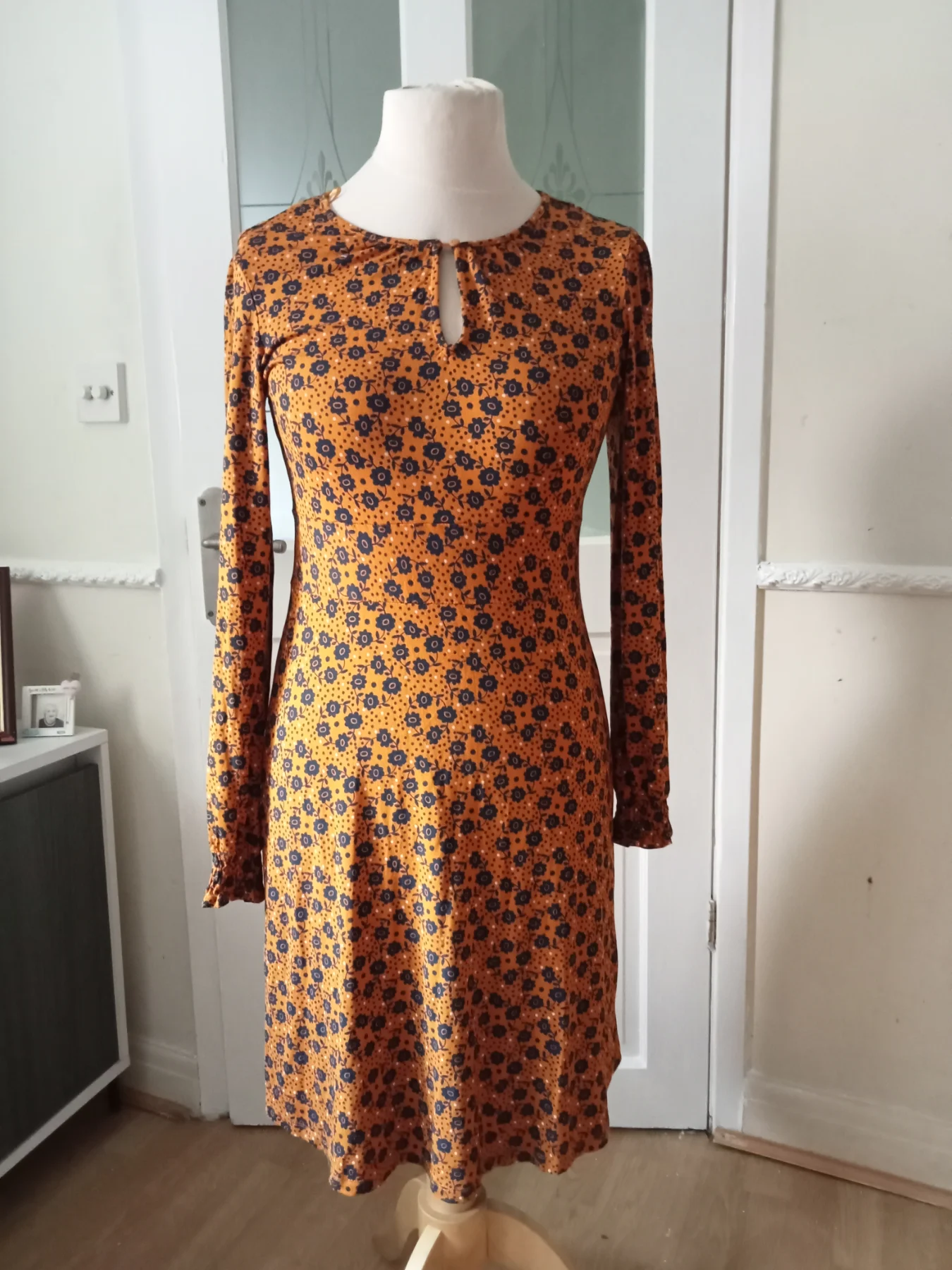 M&S Mustard & Navy Floral Long Sleeve Jersey Midi Dress - UK size 12